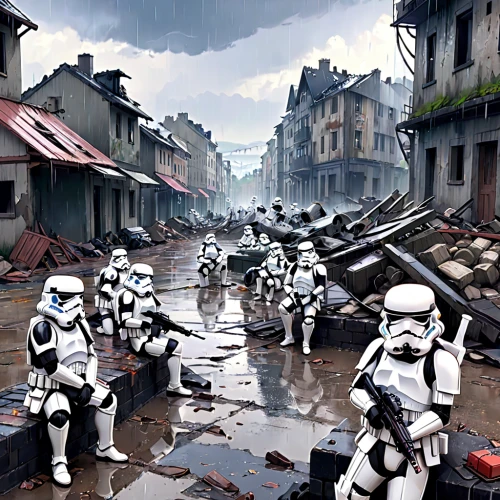 storm troops,stormtrooper,cg artwork,droids,patrols,the storm of the invasion,world digital painting,clone jesionolistny,republic,post apocalyptic,troop,destroyed city,star wars,concept art,invasion,lost in war,sci fiction illustration,starwars,shield infantry,imperial,Anime,Anime,Realistic