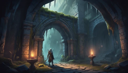 hall of the fallen,threshold,games of light,dungeons,hollow way,the mystical path,archway,game illustration,fantasy landscape,the path,dungeon,world digital painting,gateway,pathway,the threshold of the house,ruins,place of pilgrimage,wander,monastery,pilgrimage,Conceptual Art,Fantasy,Fantasy 01