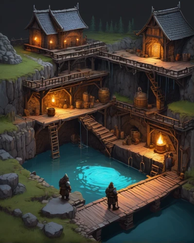 tavern,hot spring,wishing well,water mill,development concept,spa town,game illustration,fishing village,floating huts,collected game assets,summer cottage,cottage,boathouse,mountain settlement,dock,alpine village,fisherman's house,fishing classes,knight village,backwater,Illustration,Realistic Fantasy,Realistic Fantasy 24