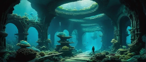 underwater landscape,underwater playground,sunken church,underwater oasis,underwater background,undersea,ocean floor,underwater world,ocean underwater,fantasy landscape,fantasy picture,underground lake,fantasy art,under sea,under the sea,underwater,aquarium,3d fantasy,house of the sea,hall of the fallen,Photography,Black and white photography,Black and White Photography 09