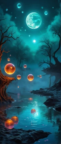 mushroom landscape,halloween background,fantasy landscape,fantasy picture,orbs,cartoon video game background,moons,lunar landscape,alien world,mid-autumn festival,alien planet,lanterns,spheres,fairy lanterns,underwater landscape,fantasy art,halloween wallpaper,moonlit night,ufos,world digital painting,Illustration,Realistic Fantasy,Realistic Fantasy 42