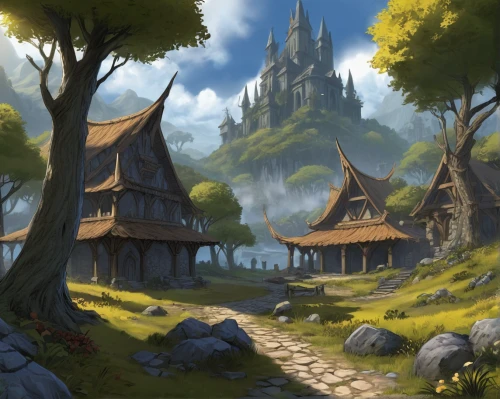 knight village,mountain settlement,fantasy landscape,medieval town,aurora village,northrend,druid grove,alpine village,mountain village,fairy village,escher village,wooden houses,witch's house,world digital painting,knight's castle,stone houses,home landscape,villages,ancient city,fairy tale castle,Illustration,American Style,American Style 13