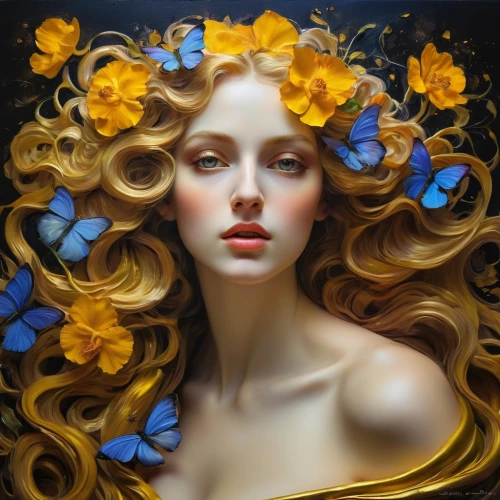 golden flowers,yellow petals,gold flower,girl in flowers,golden passion flower butterfly,flower gold,yellow petal,gold yellow rose,golden wreath,flower painting,yellow butterfly,yellow rose,flower fairy,fantasy art,elven flower,gold filigree,golden lilac,flora,flower art,gold leaf,Illustration,Realistic Fantasy,Realistic Fantasy 30