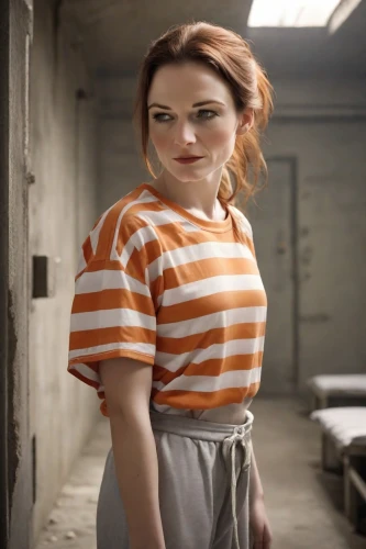 girl in overalls,horizontal stripes,orange,cotton top,video scene,prisoner,liberty cotton,nora,overalls,raggedy ann,in a shirt,prison,waitress,teen,striped background,daisy 2,girl in the kitchen,tee,daisy 1,pippi longstocking,Photography,Natural