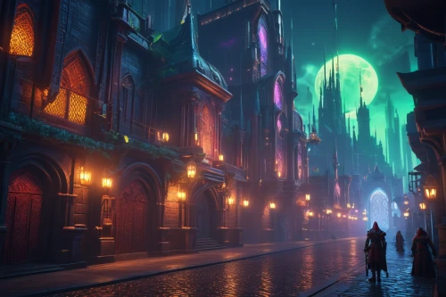 fantasy city,3d fantasy,fantasia,dusk,merida,old linden alley,metropolis,alleyway,fantasy world,medieval street,haunted cathedral,evening atmosphere,light of night,3d render,lamplighter,fantasy landscape,alley,atmosphere,development concept,atmoshphere,Conceptual Art,Sci-Fi,Sci-Fi 26