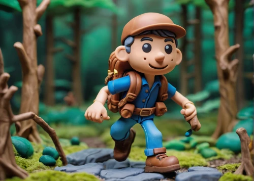 farmer in the woods,pinocchio,forest man,woodsman,wood elf,3d figure,smurf figure,clay animation,aaa,game figure,cartoon forest,forest workers,hiker,playmobil,forest floor,scandia gnome,geppetto,forest background,forest mushroom,miniature figures,Unique,3D,Clay