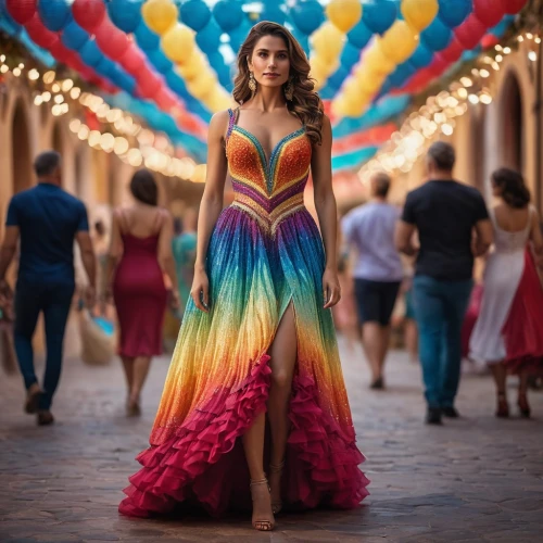 girl in a long dress,cocktail dress,rainbow color balloons,long dress,colorful balloons,girl in a long dress from the back,colorful,party dress,nice dress,gown,quinceañera,evening dress,full of color,a girl in a dress,color feathers,dress,rainbow color palette,multi color,rainbow colors,ball gown,Photography,General,Cinematic