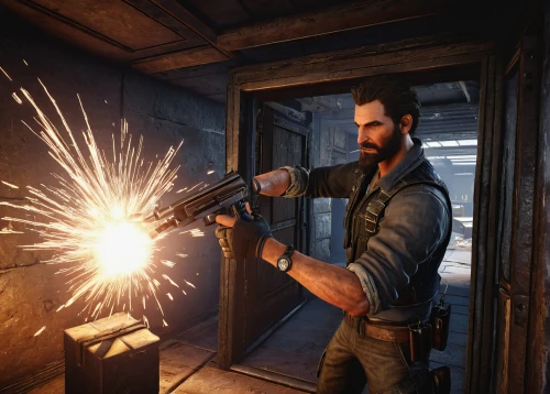 man holding gun and light,gunsmith,holding a gun,renegade,shooter game,visual effect lighting,gunfighter,action hero,croft,free fire,blow torch,action-adventure game,bullets,exploding head,heat gun,dynamite,rivet gun,boom lighting,marksman,gunshot,Art,Classical Oil Painting,Classical Oil Painting 21