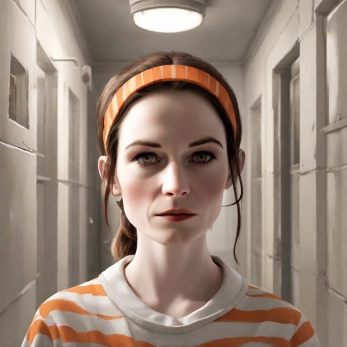 clementine,mime artist,mime,prisoner,beanie,horizontal stripes,nora,live escape game,the girl's face,head woman,retro woman,beret,daisy jazz isobel ridley,orange,prison,visual effect lighting,woman face,digital compositing,the hat-female,portrait of a girl,Digital Art,3D