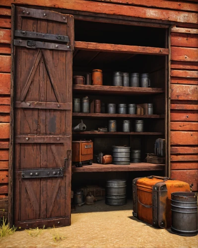 general store,rustic,horse supplies,sheds,horse stable,cookware and bakeware,food storage,collected game assets,storage cabinet,village shop,stall,apothecary,farmstead,rusticated,storage,wooden buckets,dutch oven,stalls,pantry,butcher shop,Illustration,Paper based,Paper Based 01