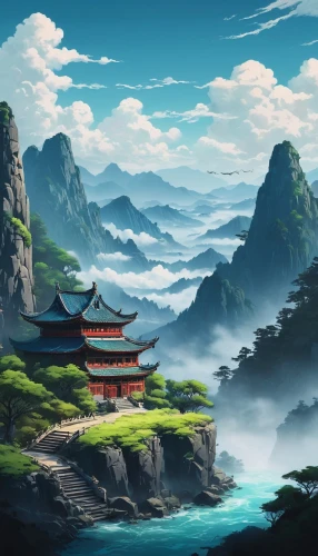 landscape background,fantasy landscape,mountain landscape,world digital painting,japan landscape,mountainous landscape,chinese background,mountain scene,yunnan,high landscape,chinese clouds,oriental,south korea,chinese art,oriental painting,chinese temple,tigers nest,japanese background,meteora,roof landscape,Photography,General,Fantasy