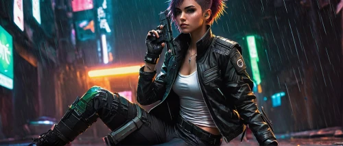 cyberpunk,sci fiction illustration,croft,jacket,transistor,walking in the rain,game illustration,rosa ' amber cover,cg artwork,renegade,game art,in the rain,world digital painting,mobile video game vector background,black widow,heavy rain,pedestrian,female doctor,leather jacket,action-adventure game,Illustration,Realistic Fantasy,Realistic Fantasy 23