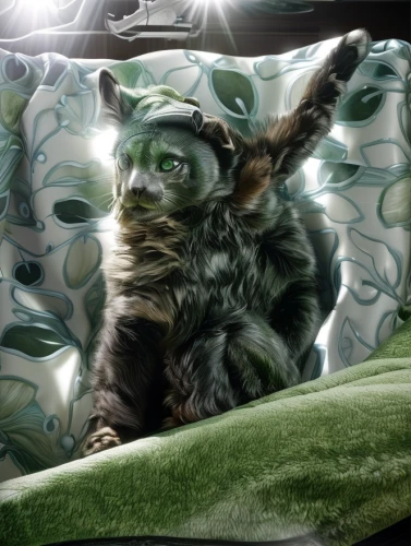 rocket raccoon,cat in bed,frankenweenie,rex cat,anthropomorphized animals,cat image,yoda,duvet cover,napoleon cat,whimsical animals,schleich,american bobtail,funny animals,green animals,sleeping cat,hood ornament,racked out squirrel,sleeping chameleon,splinter,photo manipulation
