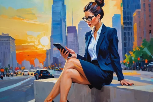 woman holding a smartphone,businesswoman,woman sitting,bussiness woman,city ​​portrait,white-collar worker,business woman,woman thinking,sprint woman,oil painting on canvas,advertising figure,travel woman,girl studying,art painting,woman in menswear,woman at cafe,business girl,girl in a long,oil painting,fashion illustration,Conceptual Art,Oil color,Oil Color 20