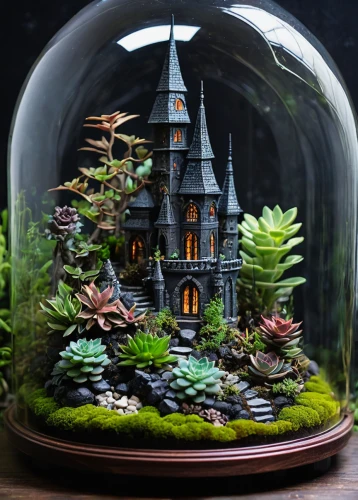 fairy house,terrarium,miniature house,fairy door,fairy village,tiny world,fairy tale castle,wishing well,snowglobes,witch's house,3d fantasy,snow globes,fairytale castle,studio ghibli,house in the forest,aquarium decor,fairy world,snow globe,diorama,insect house,Illustration,Realistic Fantasy,Realistic Fantasy 46