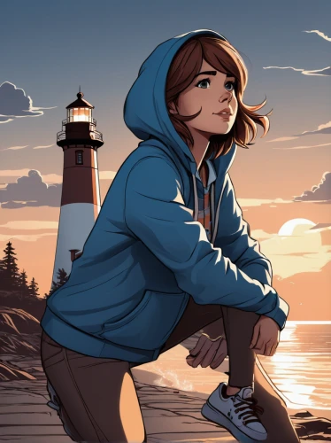lighthouse,worried girl,background image,hoodie,beacon,author,illustrator,petit minou lighthouse,light house,background images,maine,game illustration,digital illustration,digital background,sweatshirt,dusk background,home or lost,windbreaker,by the sea,guiding light,Illustration,Black and White,Black and White 04