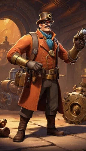 steampunk,the sandpiper general,engineer,admiral von tromp,gunsmith,gunfighter,grenadier,key-hole captain,miner,musketeer,medic,monkey soldier,scout,inspector,pirate,scrap dealer,blue-collar worker,pirate treasure,spy,bellboy,Illustration,Realistic Fantasy,Realistic Fantasy 13