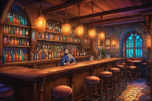 apothecary,liquor bar,unique bar,barmaid,bar,tavern,drinking establishment,bar counter,pub,brandy shop,bartender,wine bar,watercolor tea shop,potions,barman,irish pub,piano bar,the pub,hogwarts,watercolor cafe,Illustration,Realistic Fantasy,Realistic Fantasy 42