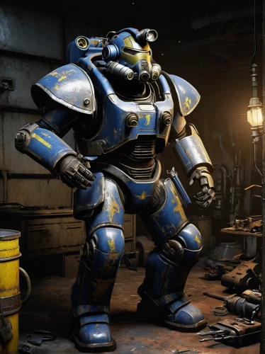 fallout4,fallout,war machine,fresh fallout,mech,steel man,scrap iron,blue-collar worker,blue-collar,sigma,dreadnought,brute,mecha,combat medic,engineer,minibot,heavy armour,enforcer,military robot,dark blue and gold,Photography,Documentary Photography,Documentary Photography 05