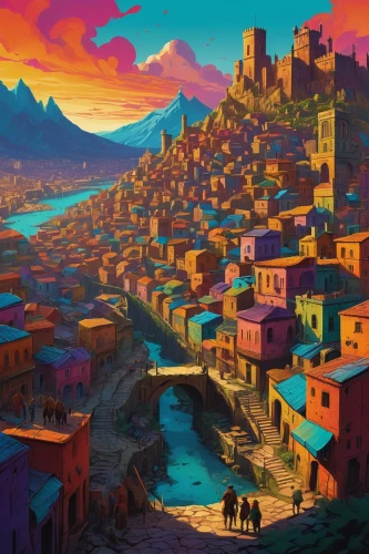 meteora,colorful city,volterra,medina,ancient city,tuscan,izmir,morocco,kurdistan,dubrovnik,alhambra,damascus,azerbaijan,mountain village,göreme,villages,el dorado,mediterranean,tbilisi,sighnaghi,Illustration,American Style,American Style 12