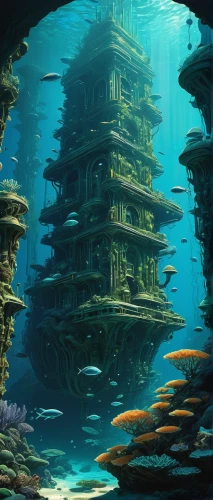 underwater landscape,underwater oasis,artificial island,underwater playground,ocean floor,ancient city,pillars,aquarium,atlantis,futuristic landscape,aqua studio,coral reef,imperial shores,house of the sea,long reef,ocean underwater,aquaculture,lagoon,undersea,submerged,Illustration,Realistic Fantasy,Realistic Fantasy 12