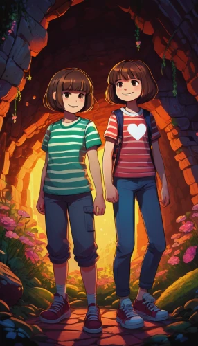 osomatsu,adventure game,forest walk,pines,children's background,lilo,hold hands,kids illustration,girl and boy outdoor,childhood friends,cave tour,chasm,twin flowers,river pines,studio ghibli,magical adventure,flower dome,toadstools,little boy and girl,hand in hand,Illustration,Vector,Vector 11