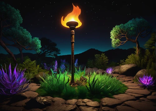 landscape lighting,torchlight,fairy chimney,moonlight cactus,torch-bearer,tree torch,illuminated lantern,the eternal flame,lamplighter,gas lamp,night-blooming cactus,druid grove,flaming torch,fire poker flower,cauldron,burning torch,torches,golden candlestick,devilwood,torch,Illustration,Abstract Fantasy,Abstract Fantasy 21