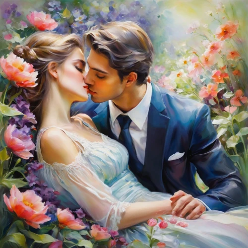 romantic portrait,romantic scene,young couple,kiss flowers,amorous,scent of roses,oil painting on canvas,kissing,beautiful couple,wedding couple,art painting,spray roses,love in the mist,with roses,romantic look,oil painting,love couple,love in air,romantic rose,couple in love