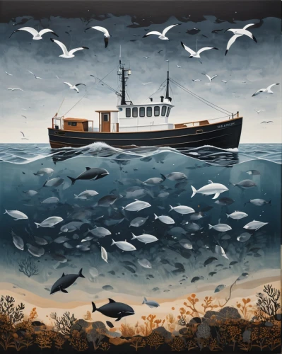 fishing trawler,commercial fishing,forage fish,capelin,animal migration,herring,fish market,sardine,fishing boats,fishing boat,fish herring,atlantic bluefin tuna,sardines,fishing vessel,fish supply,fish-surgeon,fish farm,fishmonger,ocean pollution,fishermen,Conceptual Art,Oil color,Oil Color 13