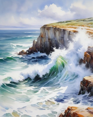 coastal landscape,cliffs ocean,sea landscape,rocky coast,seascape,beach landscape,seascapes,landscape with sea,ocean waves,ocean background,coastal and oceanic landforms,sea stack,cliff coast,landscape background,cliffs,rocky beach,cliff top,watercolor background,crashing waves,pacific coastline,Illustration,Paper based,Paper Based 11