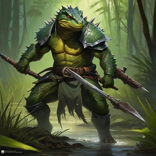 kobold,frog background,pond turtle,swamp,patrol,land turtle,muggar crocodile,predator,alien warrior,swamp football,aaa,druid,turtle,orc,warrior and orc,river monitor,fantasy warrior,saurian,aligator,reptile,Conceptual Art,Fantasy,Fantasy 15