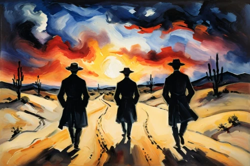 cowboy silhouettes,anzac,pilgrims,guards of the canyon,apocalypse,burned land,namib,pilgrim,anzac day,travelers,silhouette art,firemen,wild west,country-western dance,album cover,firefighters,scorched earth,fire mountain,pedestrian,war victims,Art,Artistic Painting,Artistic Painting 37