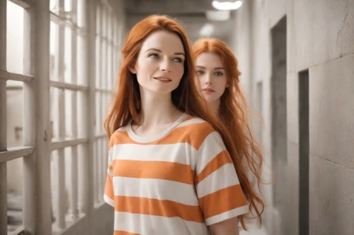 redheads,orange robes,two girls,prison,orange,clary,porcelain dolls,sisters,the girl's face,video scene,prisoner,mannequins,young women,elves,mother and daughter,orange color,icelanders,duo,clones,redhead doll,Photography,Commercial