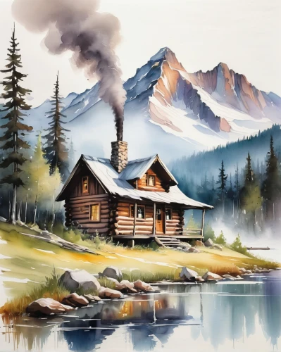 log cabin,log home,the cabin in the mountains,church painting,mountain scene,salt meadow landscape,mountain hut,house in mountains,watercolor background,home landscape,landscape background,small cabin,house with lake,cottage,summer cottage,watercolor,mountain huts,watercolor painting,painting technique,alpine hut,Illustration,Paper based,Paper Based 11