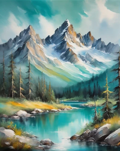 landscape background,mountain landscape,salt meadow landscape,mountain scene,mountainous landscape,forest landscape,nature landscape,river landscape,natural landscape,painting technique,high landscape,fantasy landscape,panoramic landscape,art painting,landscape nature,oil painting on canvas,landscapes,landscape,moraine,mountain meadow,Illustration,Paper based,Paper Based 11