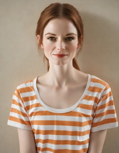 girl in t-shirt,girl with cereal bowl,a wax dummy,visual effect lighting,girl on a white background,realdoll,portrait background,striped background,girl in a long,female model,girl portrait,portrait of a girl,shoulder length,young woman,model train figure,woman face,orange,woman's face,horizontal stripes,woman portrait,Photography,Natural