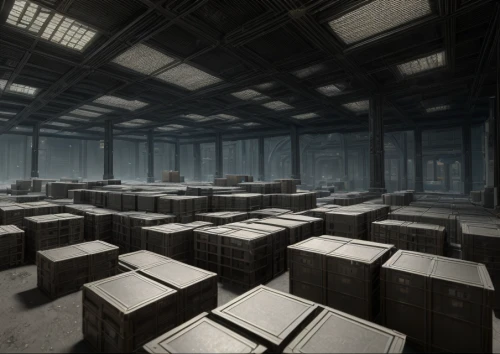 mining facility,cargo containers,warehouse,concentration camp,empty factory,storage,panopticon,the morgue,cubes,industrial hall,data center,factory hall,computer room,storage medium,the server room,cold room,boxes,containers,celsus library,crate