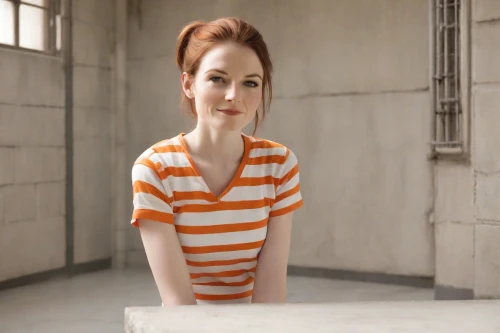 horizontal stripes,mime,mime artist,liberty cotton,orange,prisoner,striped background,bright orange,kewpie doll,redhead doll,doll's facial features,wooden doll,realdoll,wooden mannequin,british actress,stripes,orange color,a wax dummy,cotton top,long-sleeved t-shirt