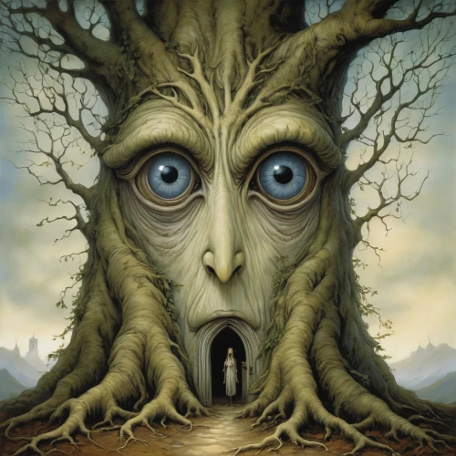 creepy tree,three eyed monster,tree man,tree thoughtless,gnarled,tree face,strange tree,tree house,rooted,the roots of trees,surrealism,of trees,tree of life,grove of trees,magic tree,tree and roots,forest man,dryad,druid grove,the trees,Illustration,Realistic Fantasy,Realistic Fantasy 14