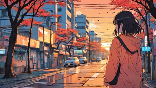 japanese sakura background,girl walking away,sakura background,kyoto,sidewalk,芦ﾉ湖,stroll,woman walking,tokyo city,autumn walk,tokyo,one autumn afternoon,shibuya,digital illustration,autumn background,autumn morning,kimonos,in the evening,pedestrian,walk,Illustration,Japanese style,Japanese Style 04