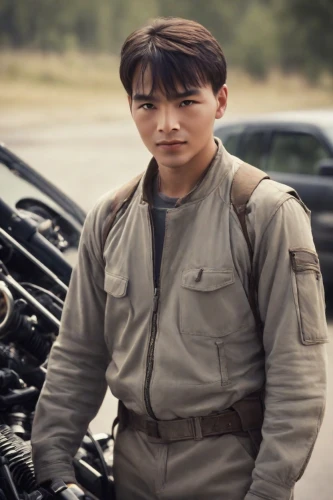 nissan patrol,a motorcycle police officer,jackie chan,general,main character,daewoo,park ranger,datsun sports,bobby car,car mechanic,botargo,mechanic,cargo pants,kimjongilia,guk,kim,suzuki,cj7,park staff,veteran car,Photography,Cinematic