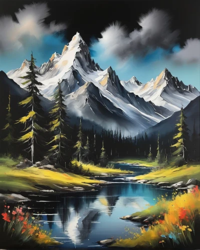 mountain scene,salt meadow landscape,mountain landscape,landscape background,painting technique,mountainous landscape,autumn mountains,nature landscape,mountain meadow,art painting,natural landscape,meadow landscape,mountains,high landscape,oil painting on canvas,river landscape,mountain lake,mountain range,forest landscape,autumn landscape,Illustration,Paper based,Paper Based 11