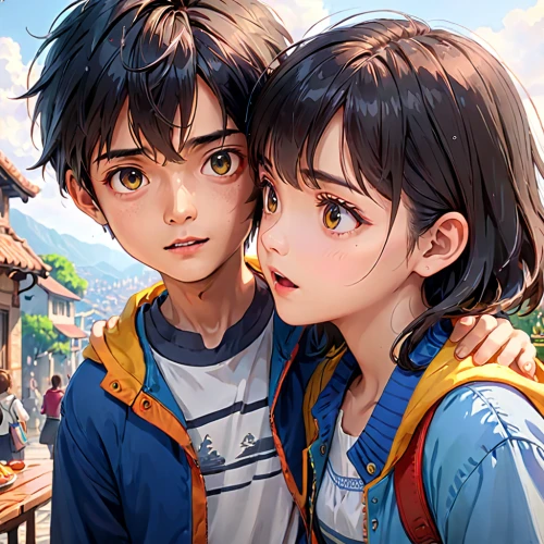 girl and boy outdoor,studio ghibli,kids illustration,boy and girl,game illustration,little boy and girl,amusement park,children's background,cg artwork,kawaii children,anime cartoon,world digital painting,background image,children,hiyayakko,childhood friends,travelers,vintage boy and girl,anime japanese clothing,detective conan,Anime,Anime,General