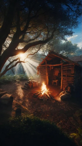 wooden hut,hobbiton,the cabin in the mountains,log cabin,small cabin,log home,home landscape,visual effect lighting,summer cottage,cabin,digital compositing,fantasy picture,games of light,landscape background,wood doghouse,fantasy landscape,evening atmosphere,fisherman's hut,campfires,first light