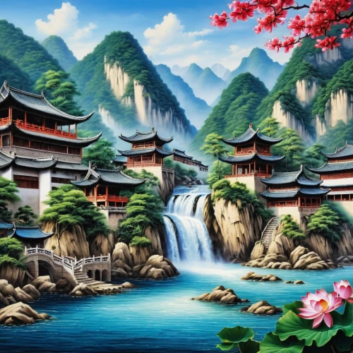 landscape background,chinese art,mountainous landscape,oriental painting,asian architecture,japan landscape,mountain scene,chinese architecture,mountain landscape,chinese background,forbidden palace,japanese mountains,oriental,chinese temple,cartoon video game background,japanese background,world digital painting,beautiful japan,river landscape,huashan,Photography,General,Realistic