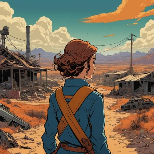 wasteland,fallout,fallout4,post-apocalyptic landscape,fallout shelter,post apocalyptic,post-apocalypse,fresh fallout,refinery,prairie,rust-orange,clementine,wild west,game illustration,american frontier,lost in war,wanderer,badlands,burned land,heidi country,Illustration,Vector,Vector 02