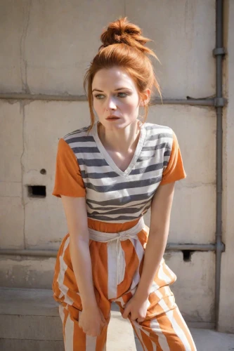 pippi longstocking,lindsey stirling,girl in overalls,orange,raggedy ann,overalls,beaker,horizontal stripes,mime artist,milkmaid,constipation,mime,pumuckl,vlc,orange half,traffic cone,bright orange,orange color,prisoner,redheaded,Photography,Realistic