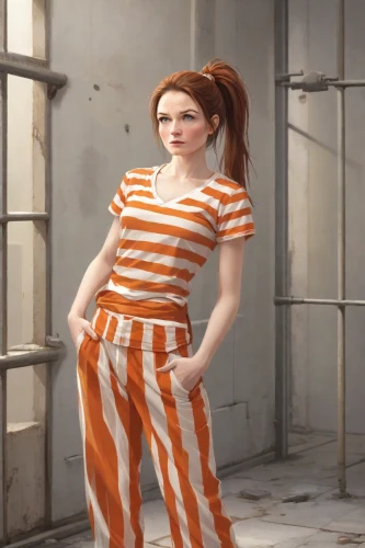 prisoner,horizontal stripes,jumpsuit,mime,mime artist,striped background,clementine,girl in overalls,pippi longstocking,prison,women clothes,liberty cotton,murcott orange,women's clothing,stripes,orange,girl in a long dress,seamless texture,one-piece garment,striped,Photography,Realistic