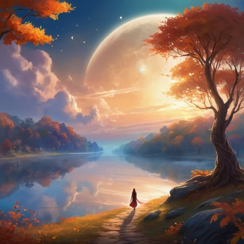 fantasy landscape,fantasy picture,autumn landscape,autumn background,landscape background,autumn idyll,autumn scenery,fall landscape,fantasy art,beautiful landscape,nature landscape,the mystical path,the autumn,world digital painting,light of autumn,dream world,dreamland,autumn morning,autumn tree,autumn theme,Illustration,Realistic Fantasy,Realistic Fantasy 01