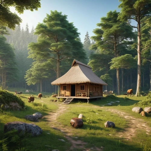 iron age hut,druid grove,wooden hut,house in the forest,germanic tribes,landscape background,log cabin,wood doghouse,forest background,home landscape,huts,idyllic,round hut,campsite,yurts,small cabin,forest landscape,summer cottage,log home,straw hut,Photography,General,Realistic